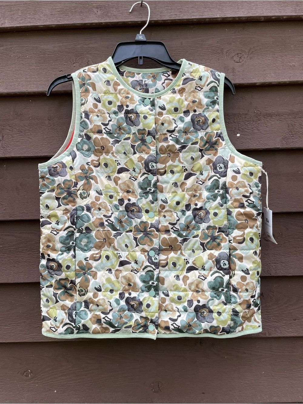 Quilted Floral Packable Vest Youth XXL Green Brown Cream Lightweight NWT
